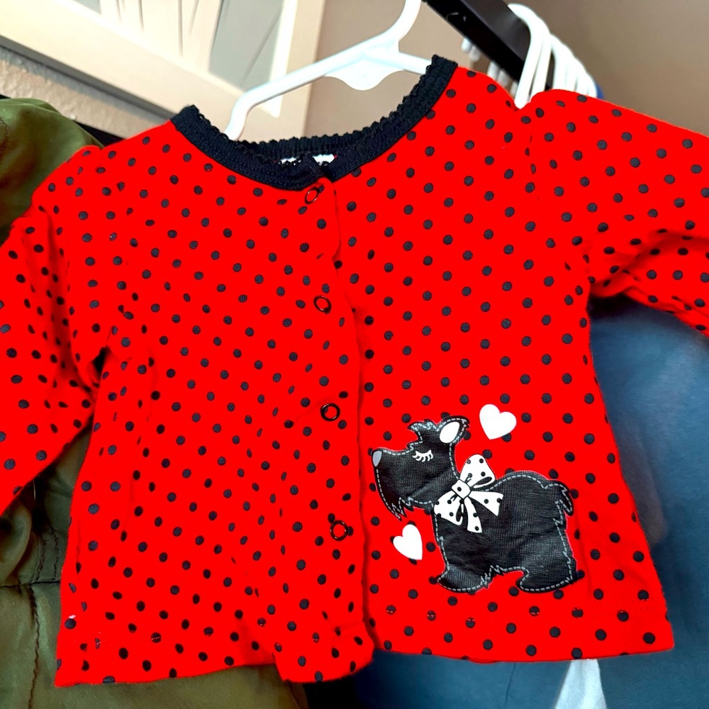 Vintage Fisher Price red black polka dot Scottie heart bow baby newborn top